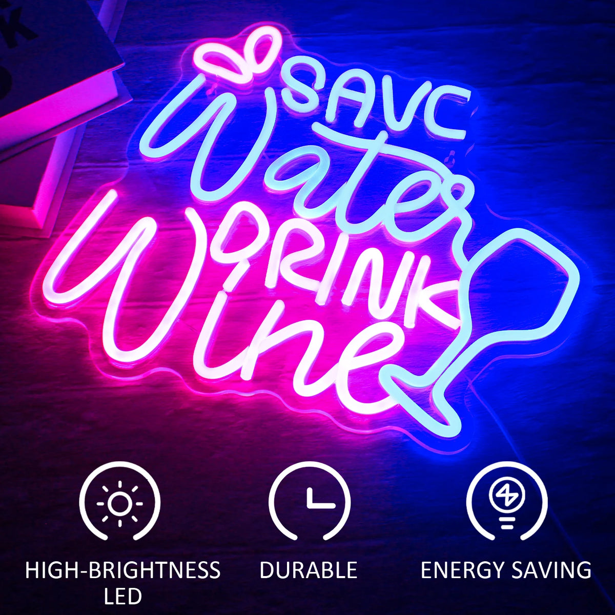 SAVE Water DRINK Wine – Weinglas und Tropfen – LED-Leuchtschild (5 V USB)