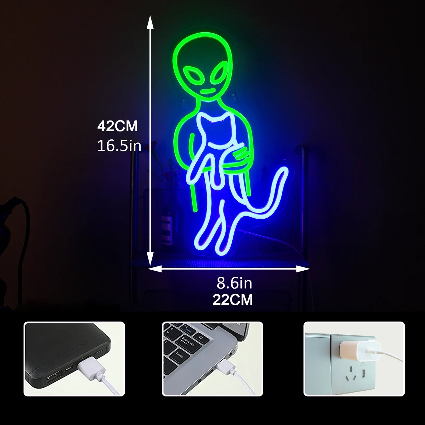 Green Alien 5V Mini USB  LED Neon Sign - Budget-Friendly