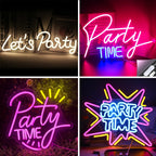 The image features a vibrant "Let's Party" LED neon sign.