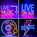 The image features a vibrant LED neon sign that reads "Live Music" in bright, glowing letters.