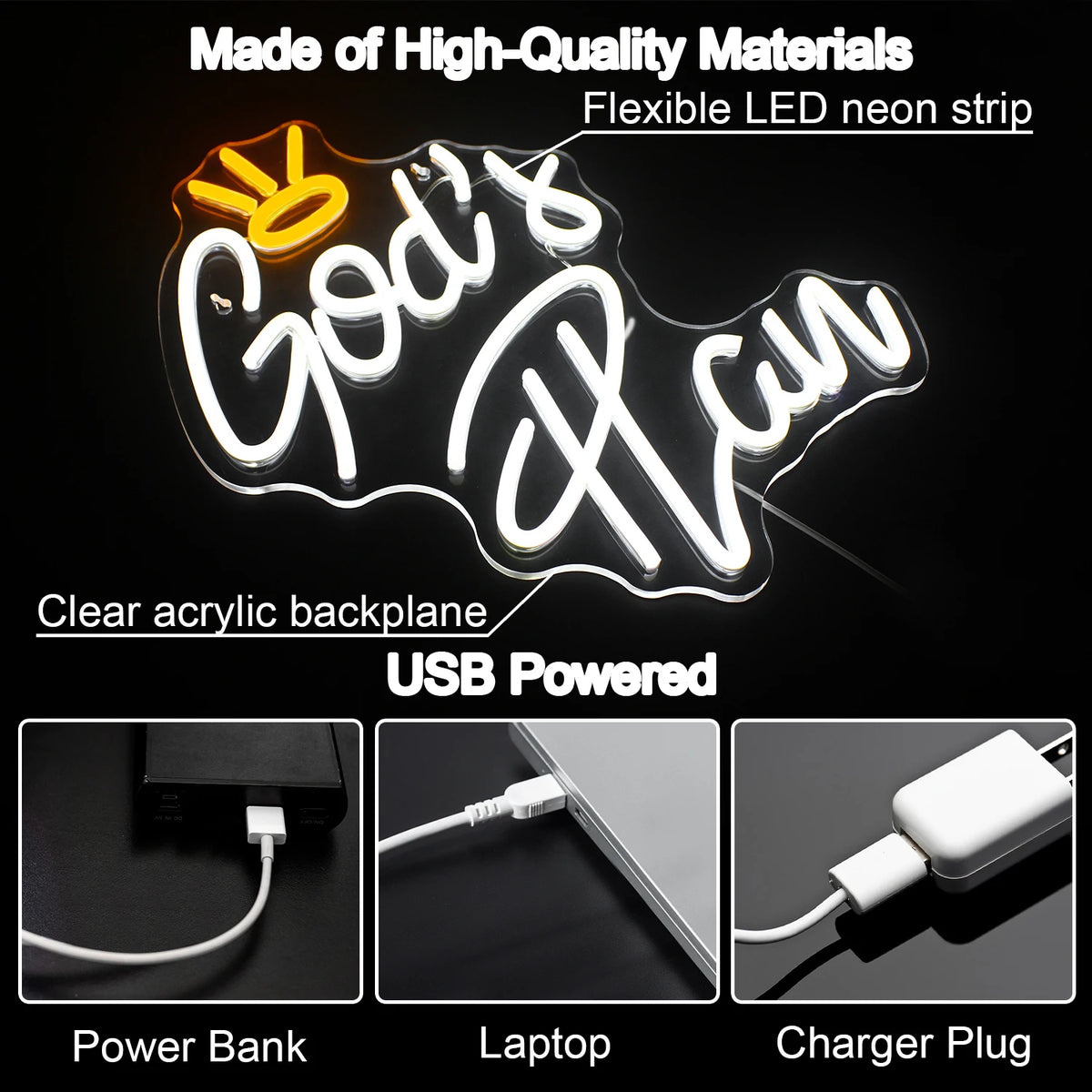 God's Plan Letter 5V USB LED Neon Sign - Budget Friendly