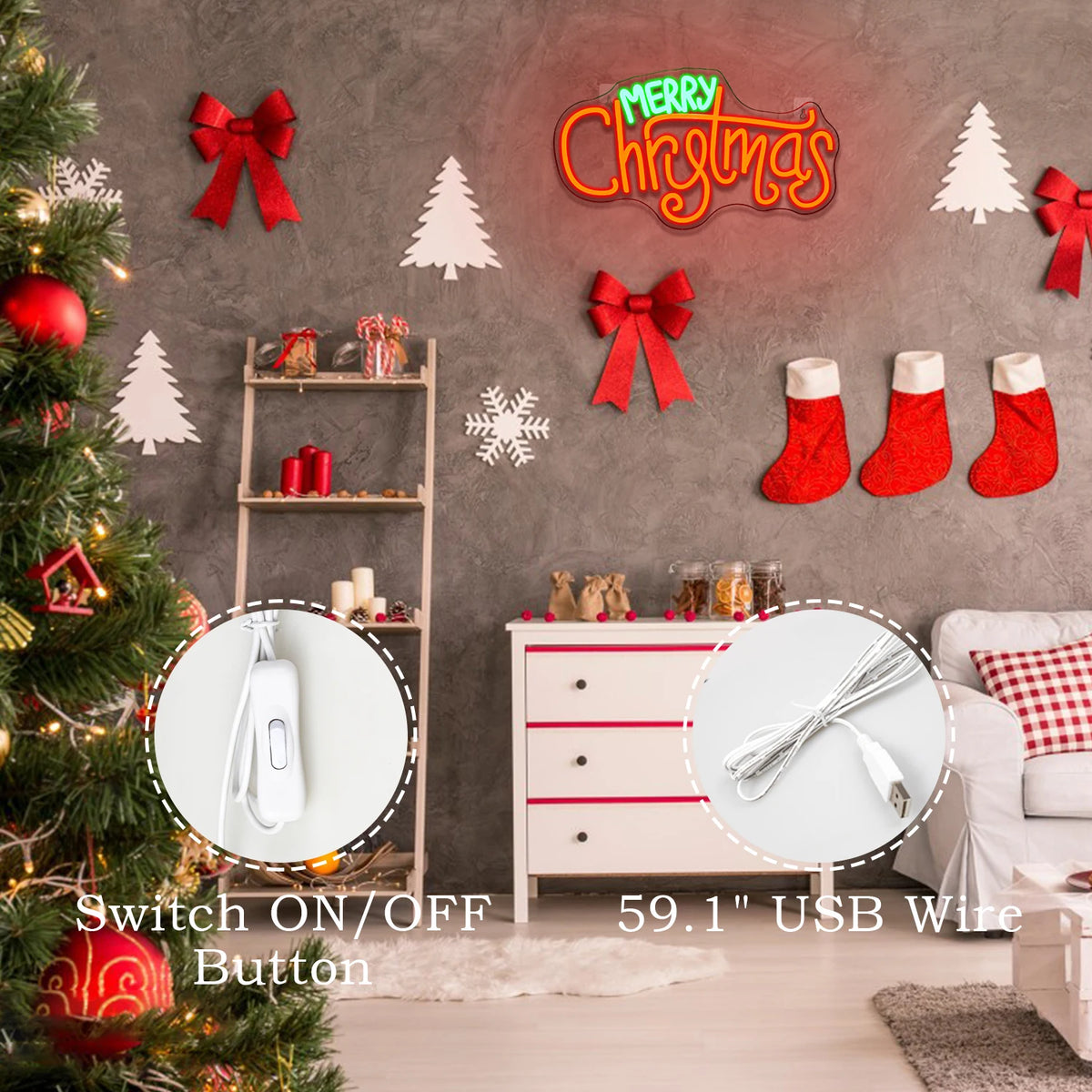 Merry Christmas – Schreibschrift – LED-Neon-Schriftzug (5 V USB)