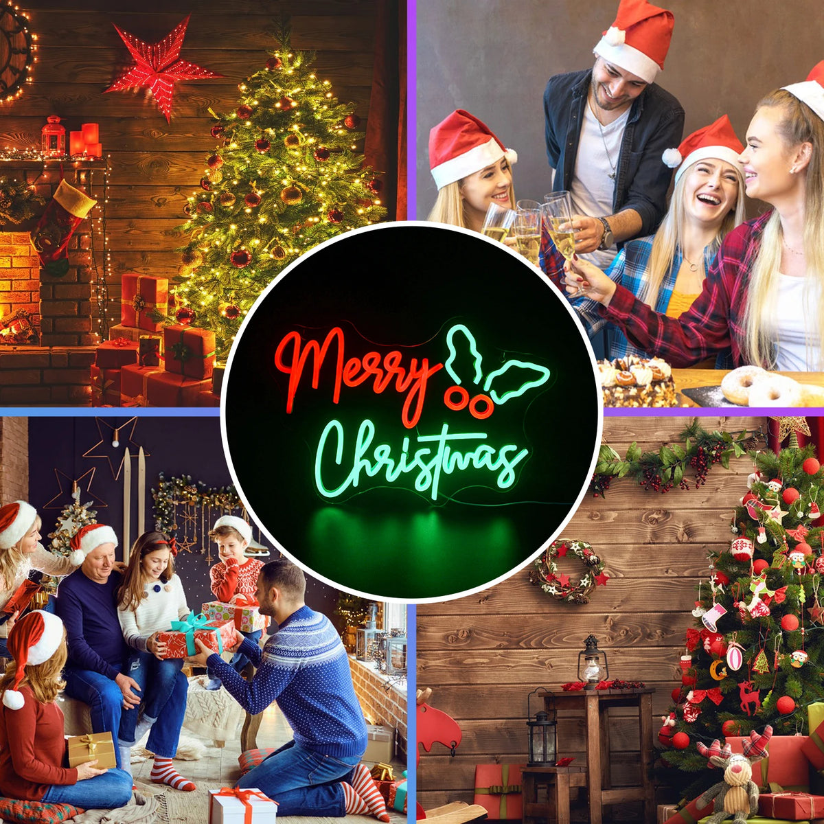 Merry Christmas – Weihnachtliche Blätter seitlich – LED-Neonschild (5 V USB)