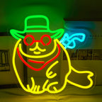 The image features a LED neon sign shaped like a cartoon cat dressed as a cowboy.
