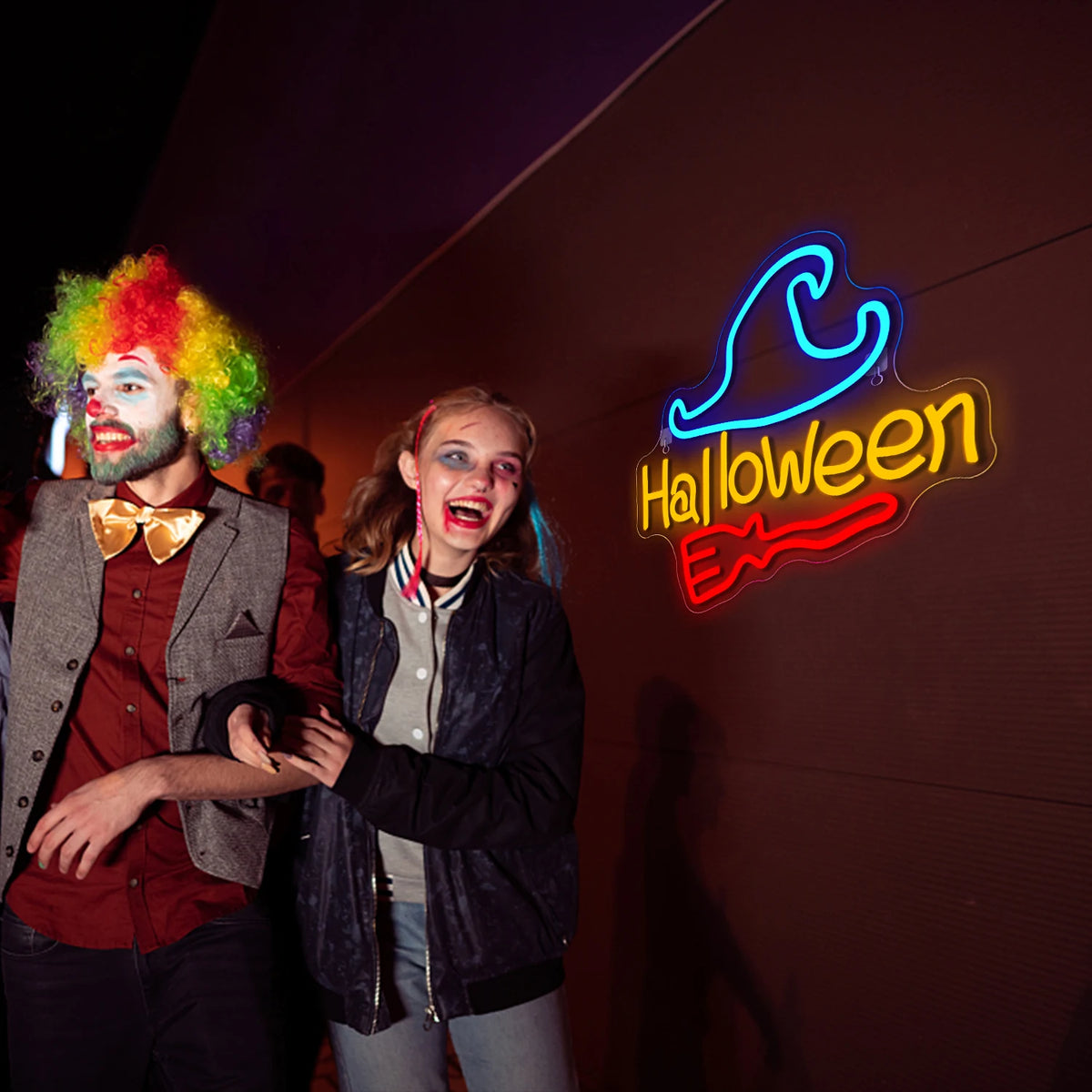 Halloween – Hexe auf Besen – LED-Neonschild (5 V USB)