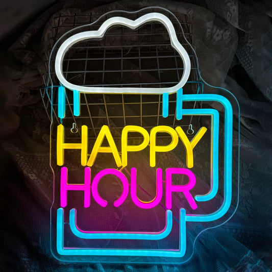 The image features a vibrant LED neon sign in the shape of a wine glass.