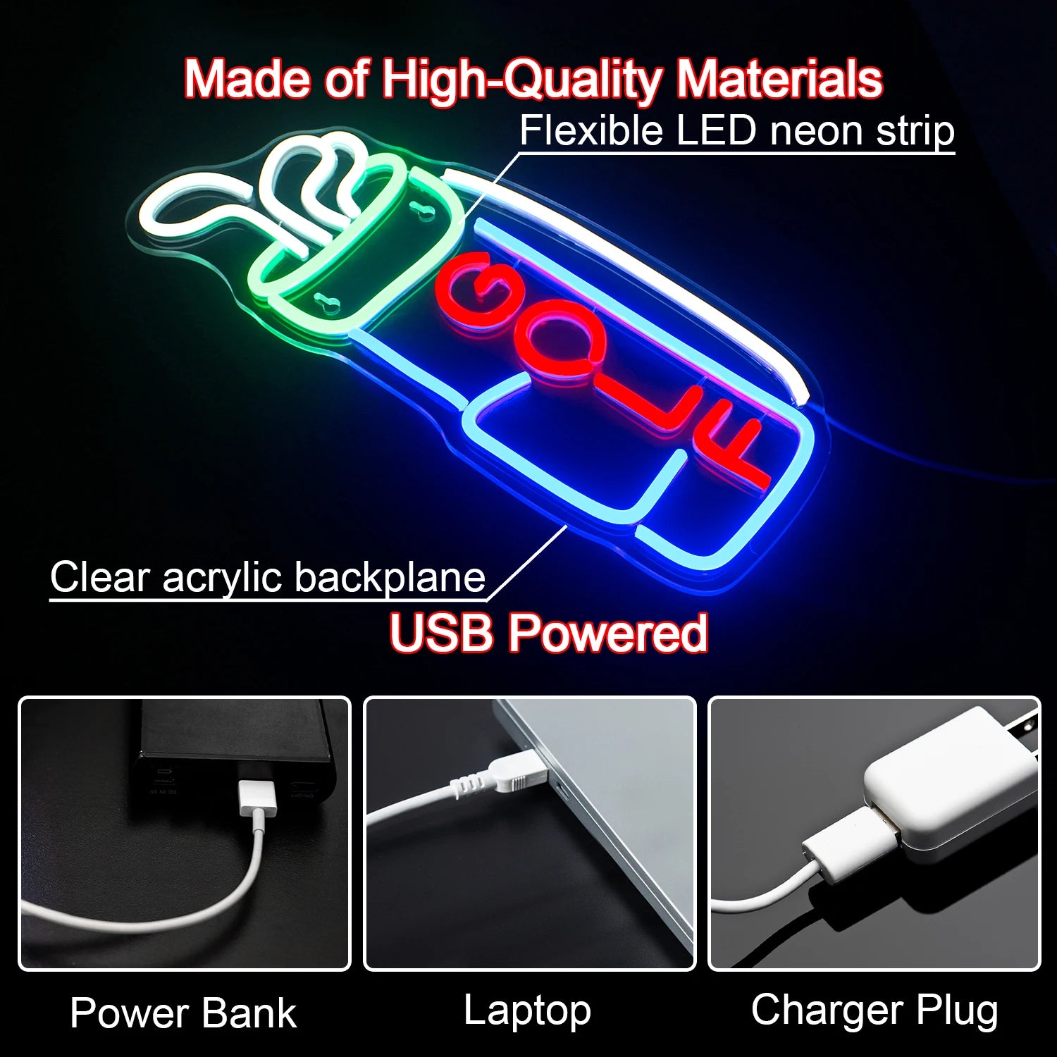 Golf 5V Mini USB LED Neon Sign - Budget Friendly