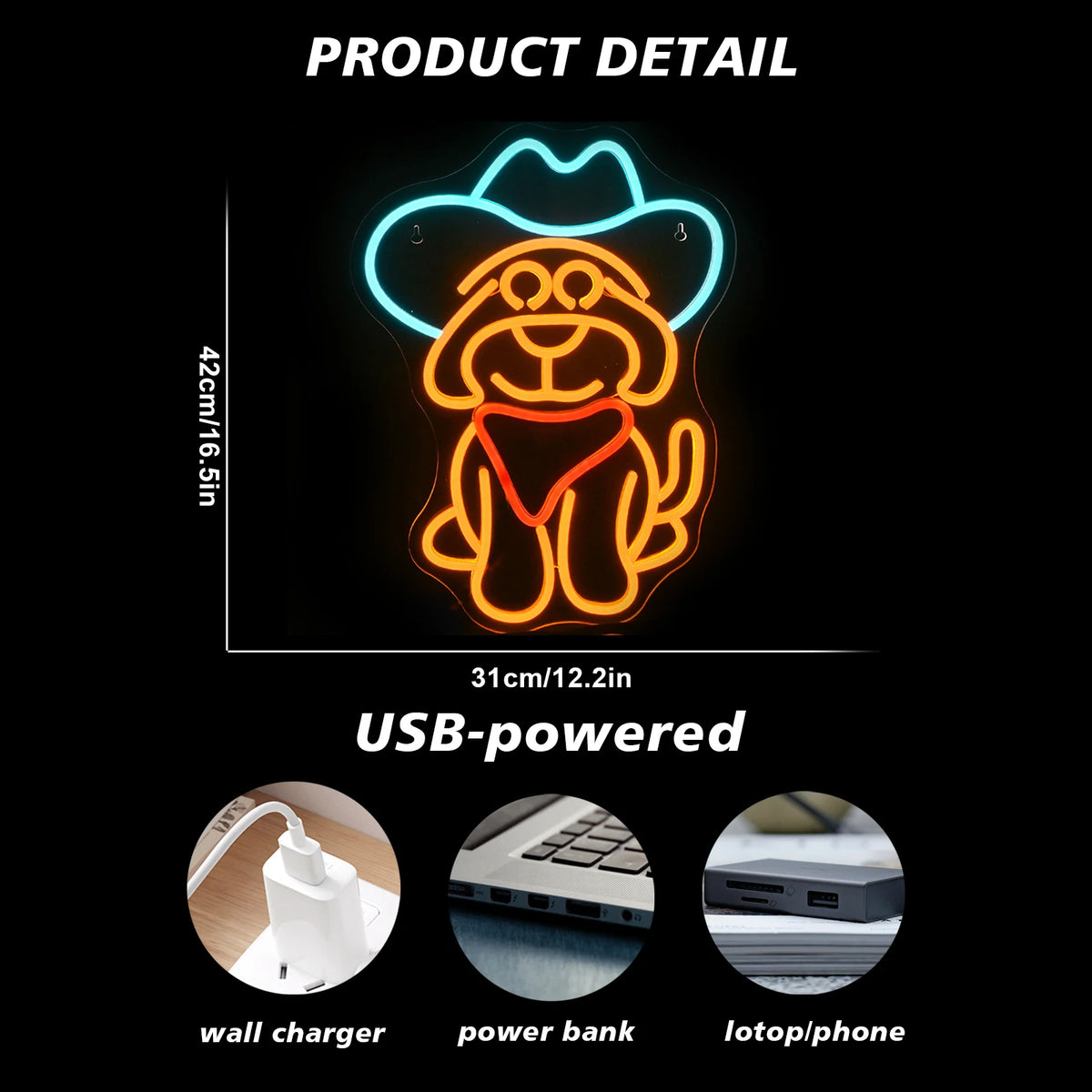 Hund mit Cowboyhut – LED-Neonschild (5 V USB)