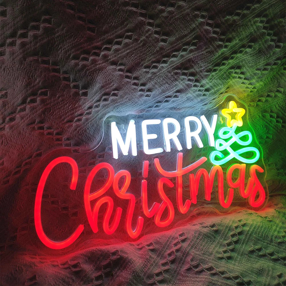 Merry Christmas – Weihnachtsbaum und Stern – LED-Neonschild (5 V USB)