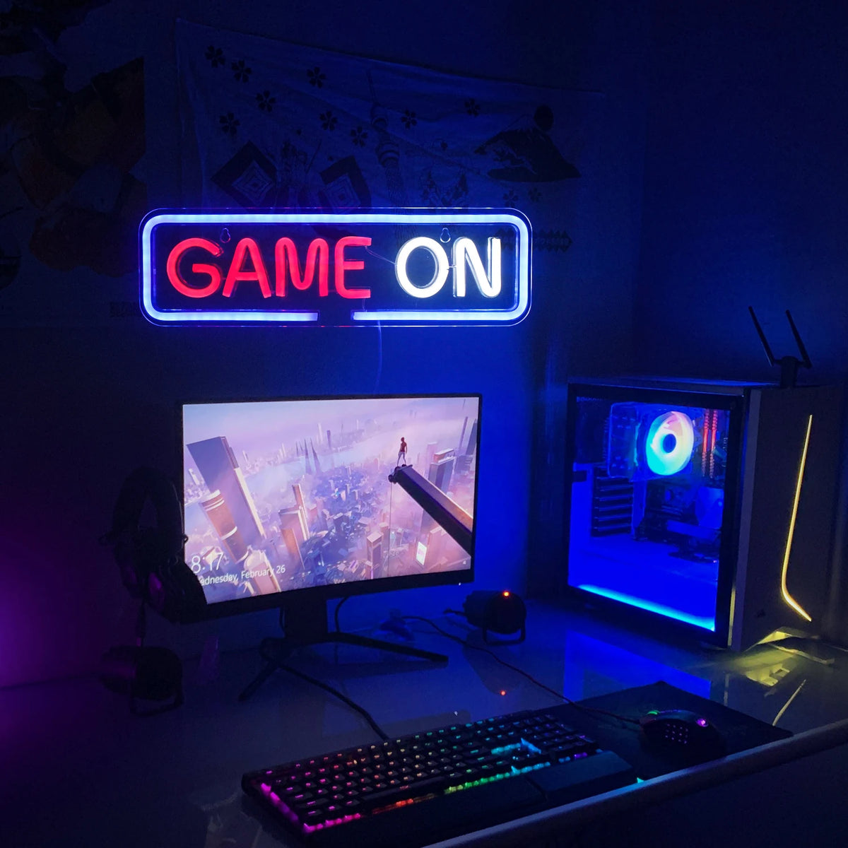 GAME ON – Abgerundeter rechteckiger Rahmen – LED-Neon-Schriftzug (5 V USB)