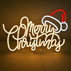 Ein leuchtendes LED-Neonschild mit den Worten „Frohe Weihnachten“ in einem warmen, leuchtenden Farbton.