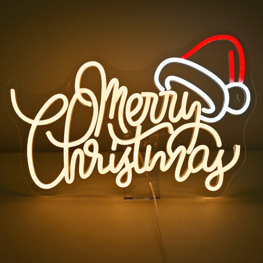 A vibrant LED neon sign displaying the words "Merry Christmas" in a warm, glowing hue.