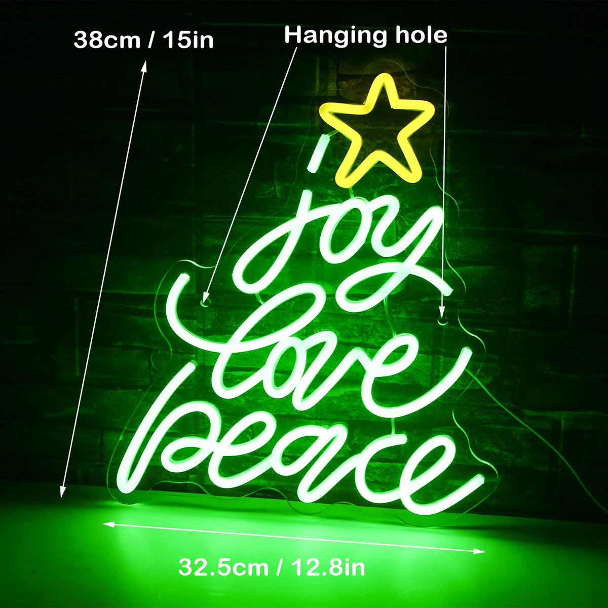 joy love peace – Weihnachtsbaum aus Wörtern mit Stern – LED-Neonschild (5 V USB)
