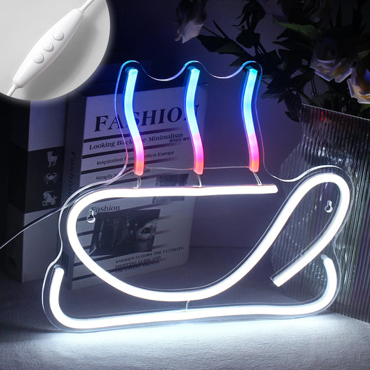 A vibrant LED neon sign shaped like a steaming coffee cup.