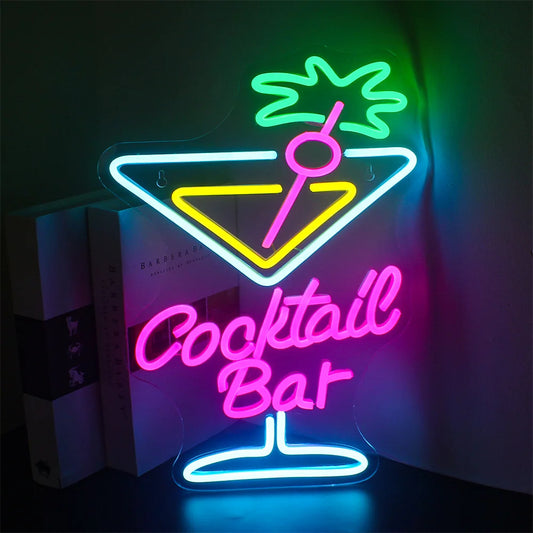 The image showcases a vibrant LED neon sign designed for a cocktail bar.