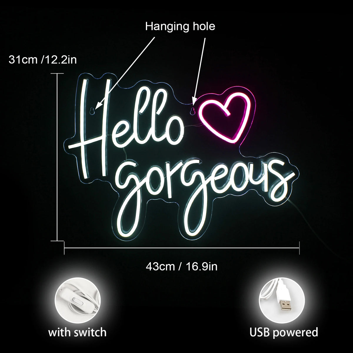Hello Gorgeous – Herz – LED-Leuchtschild (5 V USB)