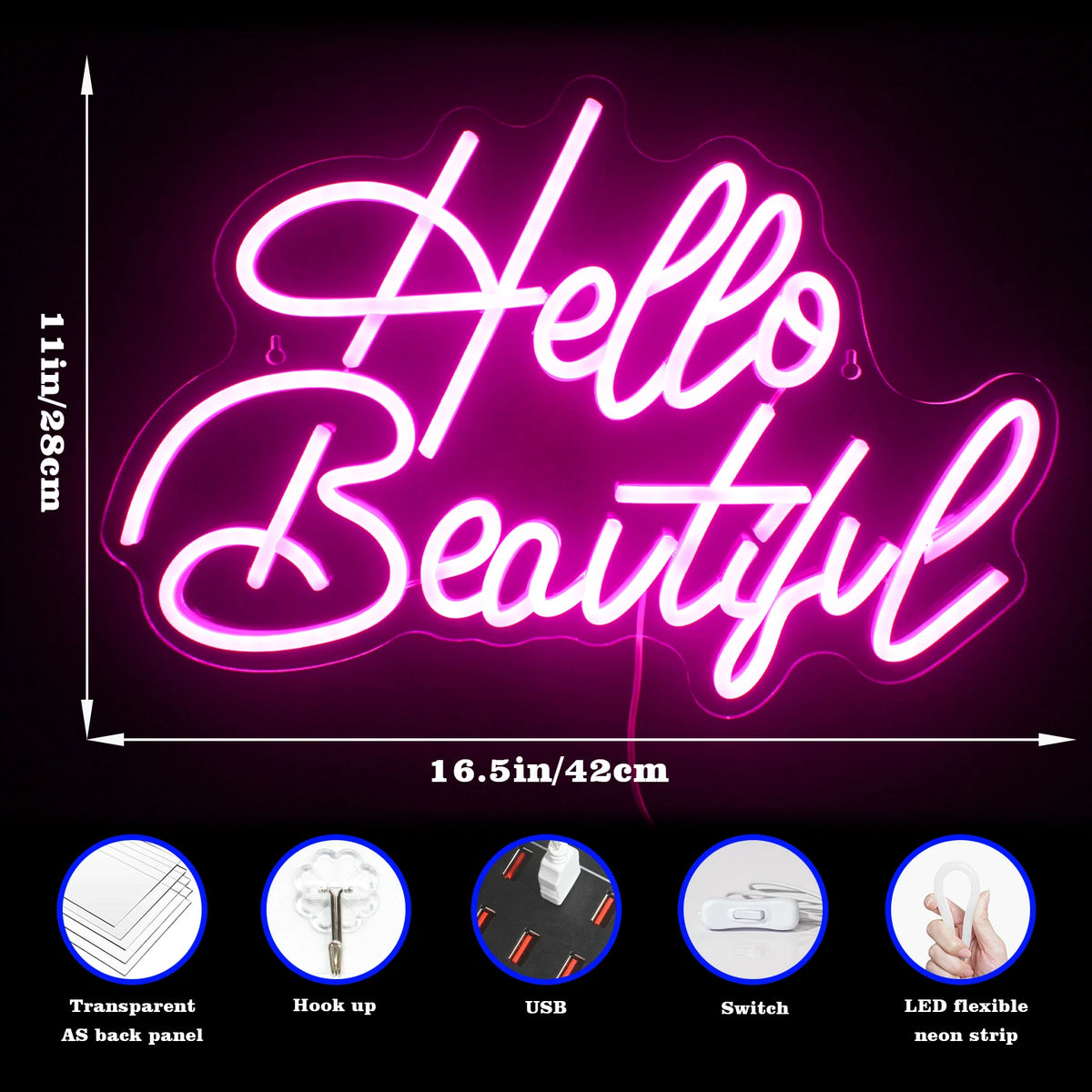 Hello Beautiful – Schreibschrift – LED-Leuchtschild (5 V USB)