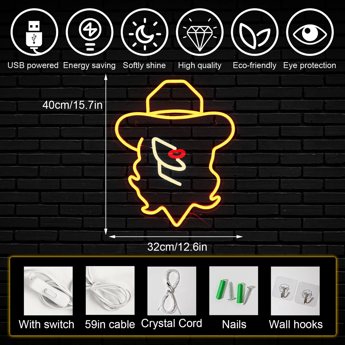 Cowboy Girl Hats 5V Mini USB LED Neon Sign - Budget Friendly