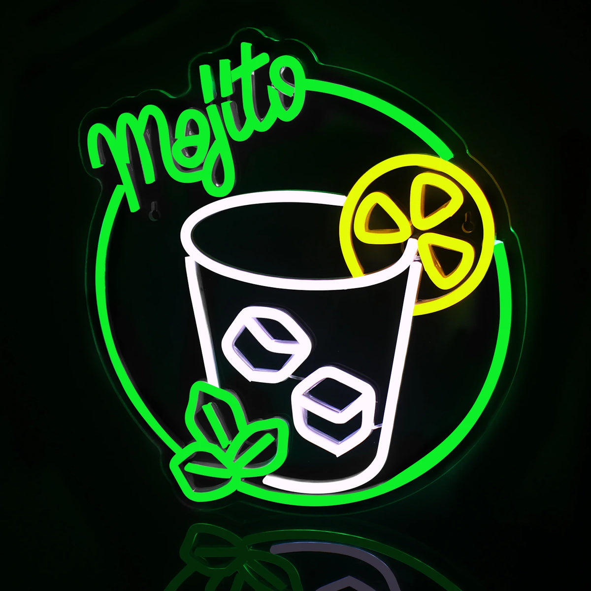 The image features a handmade LED neon sign shaped like a classic cocktail glass.
