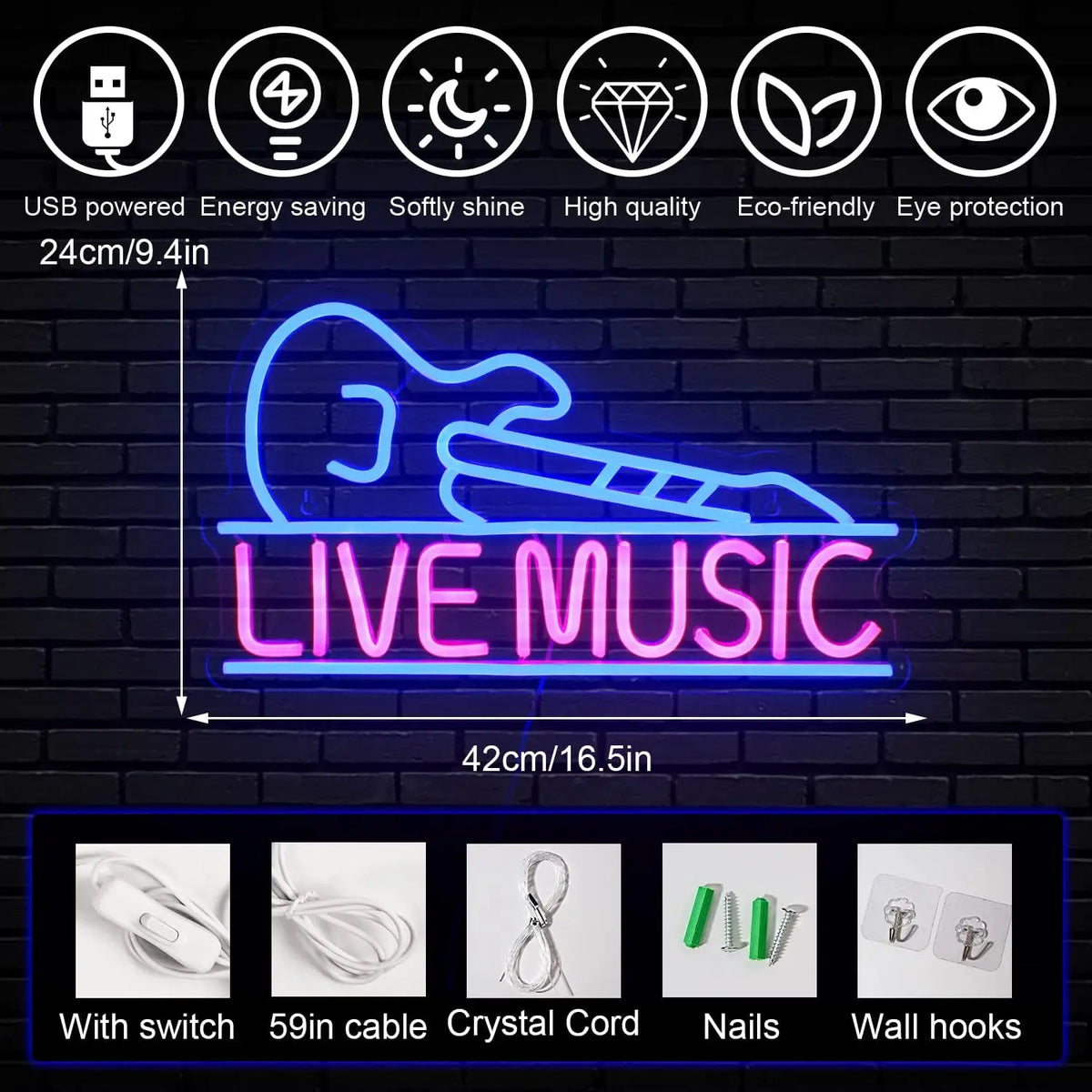 LIVE MUSIC – Gitarre – LED-Neonschild (5 V USB)