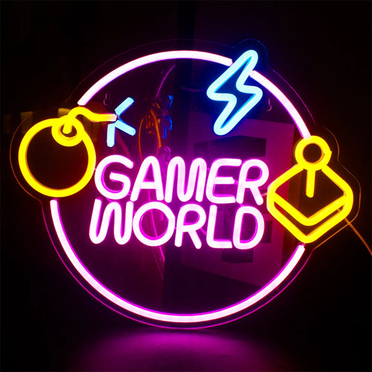 A vibrant LED neon sign is displayed, featuring the bold text "Game World.