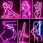 Auf dem Bild zeigt ein leuchtendes LED-Neonschild die Silhouette einer sexy Dame.