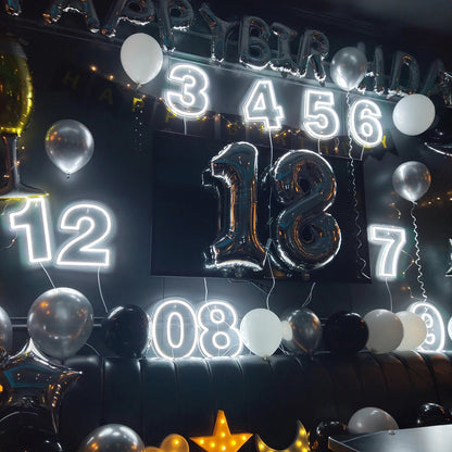 A vibrant image of a handmade LED neon sign shaped like a number, designed to celebrate a birthday.