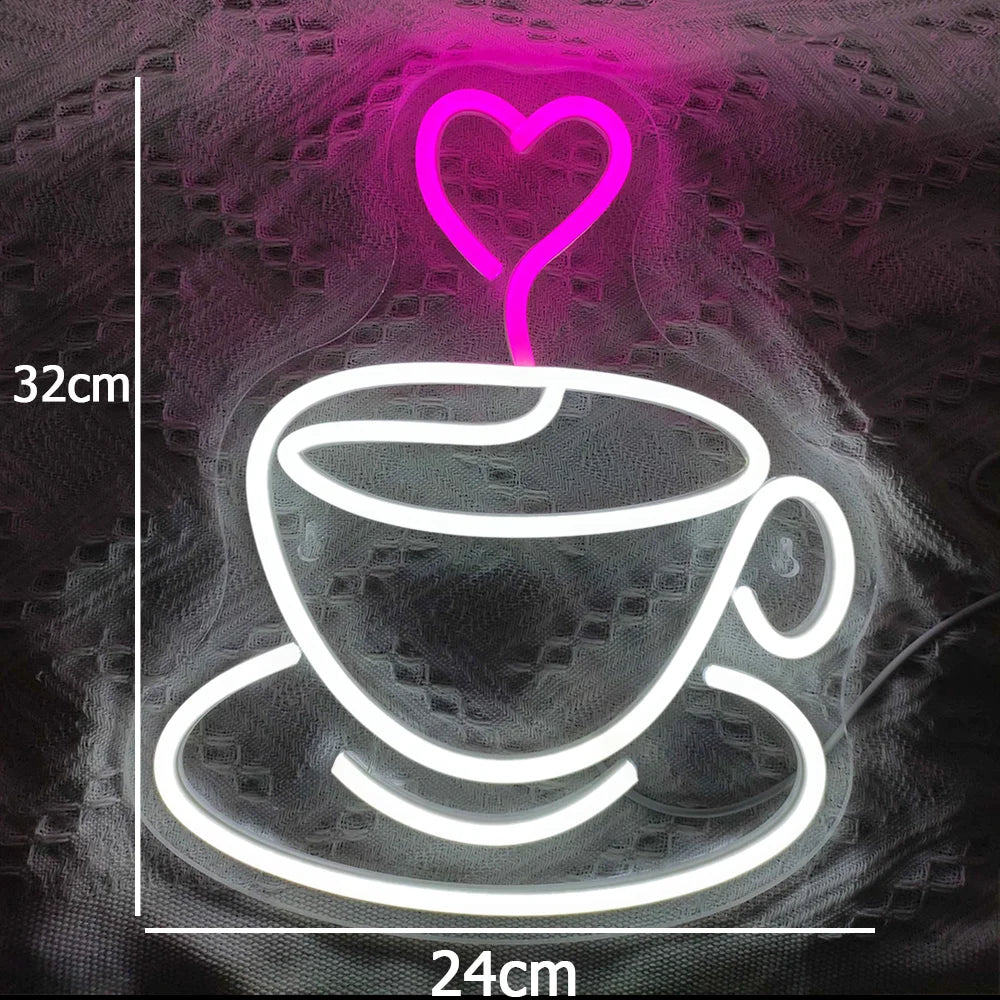 Kaffeetasse und Herz – LED-Leuchtschild (5 V USB)