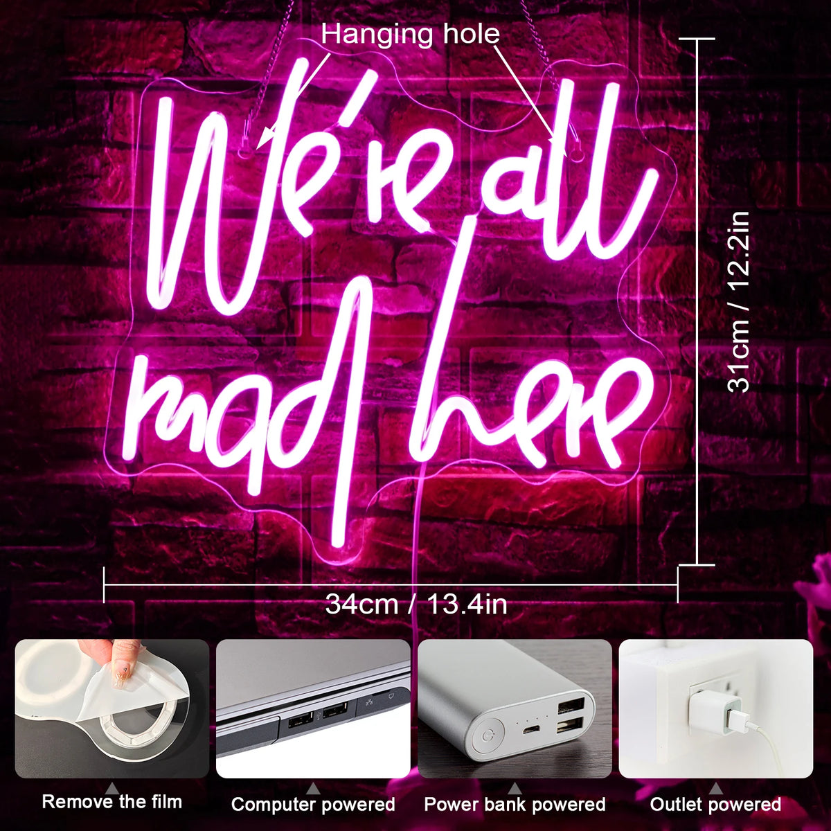 We're All Mad Here – LED-Neon-Schriftzug (5 V USB)