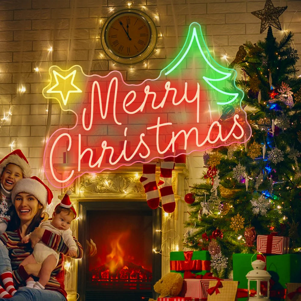Merry Christmas – Stern und Weihnachtsbaum – LED-Neonschild (5 V USB)