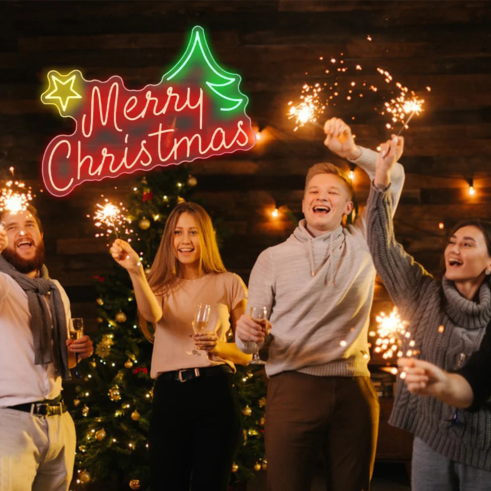 Merry Christmas – Stern und Weihnachtsbaum – LED-Neonschild (5 V USB)