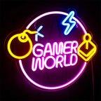 GAMER WORLD – Bombe, Joystick und Blitzkreis – LED-Neonschild (5 V USB)