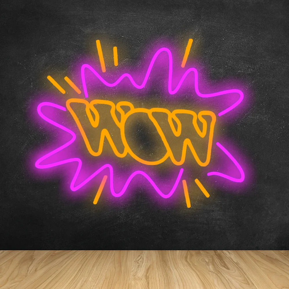 Ein leuchtendes LED-Neonschild mit dem Wort „WOW“, das in leuchtend rosa Buchstaben vor einem dunklen Hintergrund leuchtet.