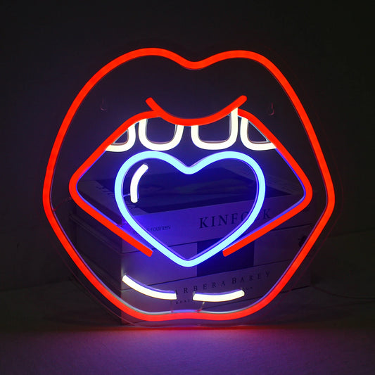 "Caring Lips LED Neon Sign - A budget-friendly sign featuring an outline of plump, puckered lips in vibrant pink hues.