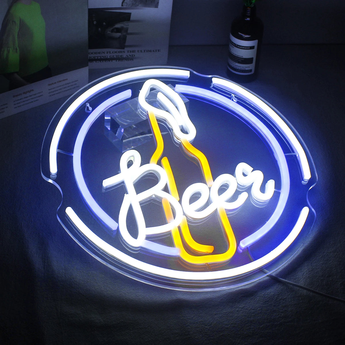 Beer – Bierflasche im runden Rahmen – LED-Leuchtschild (5 V USB)