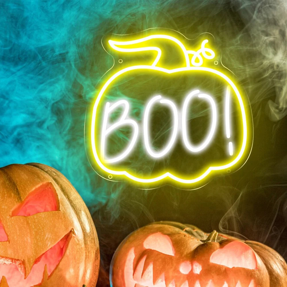 “Boo” (Kürbis, Hexenhut) – LED-Neonschild (5 V USB)