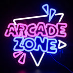 Das Bild zeigt ein leuchtendes LED-Neonschild mit den Worten „Arcade Zone“ in fetten, stilisierten Buchstaben.