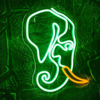 Ein leuchtendes LED-Neonschild in Form eines Elefanten mit sanftem Leuchten in sanften Weiß- und Pastellrosatönen.