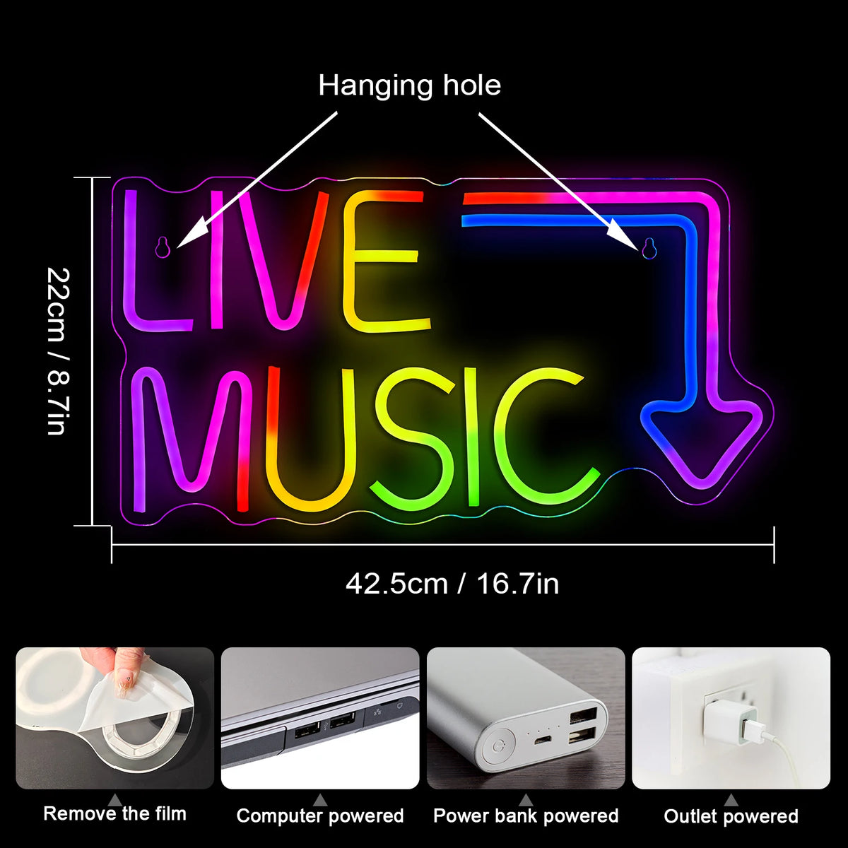 Live Music – Pfeil – LED-Neonschild (5 V USB)