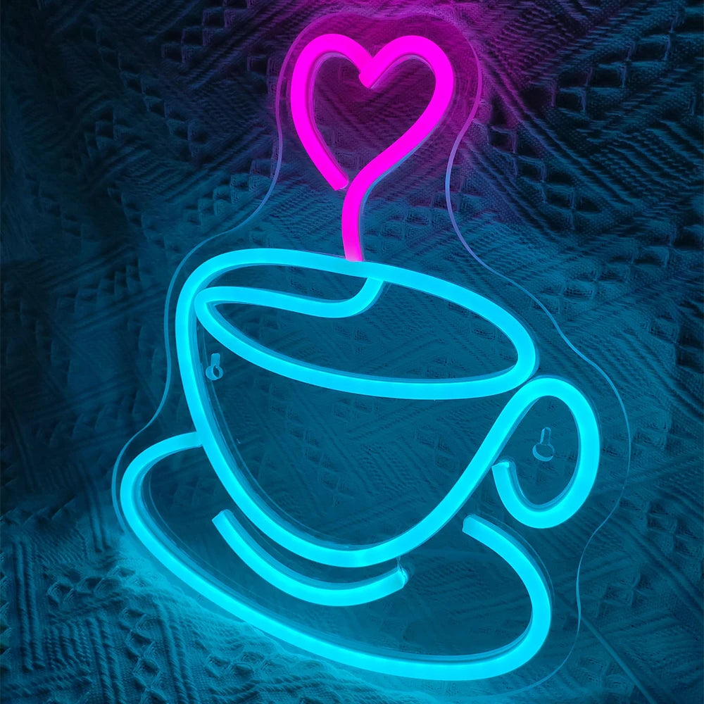 Kaffeetasse und Herz – LED-Leuchtschild (5 V USB)