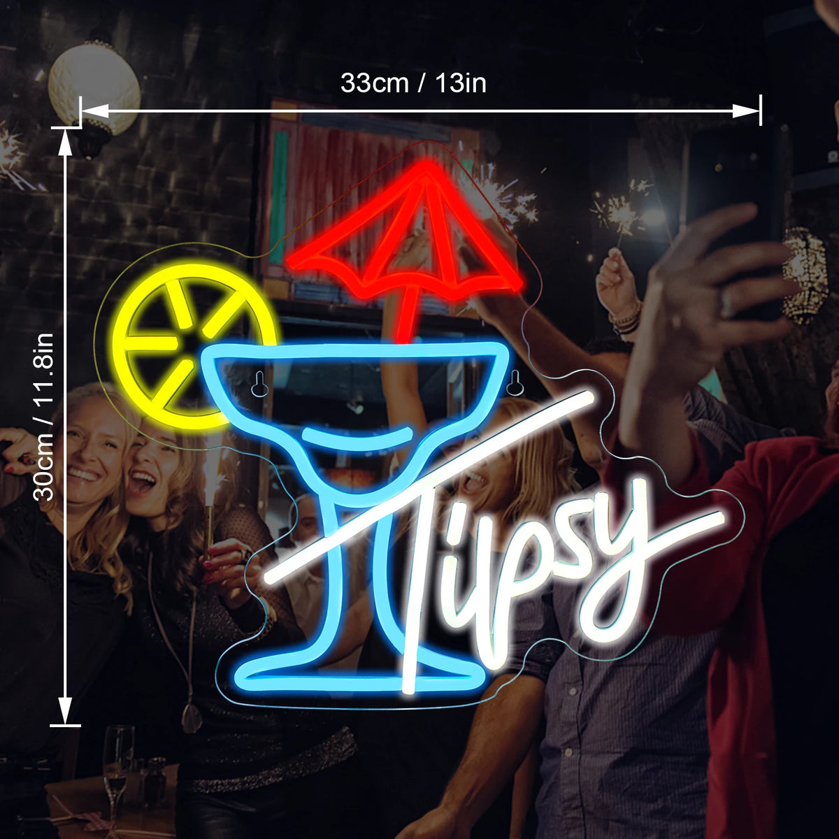 Tipsy – Cocktailglas mit Schirmchen und Zitrusscheibe – LED-Leuchtschild (5 V USB)