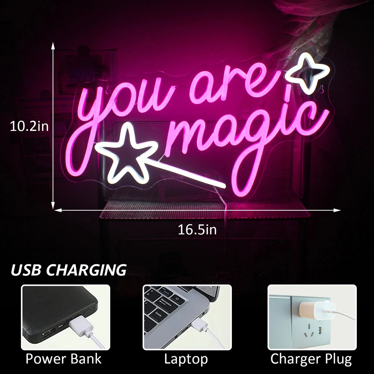 you are magic – Zauberstab und Sterne – LED-Neonschild (5 V USB)