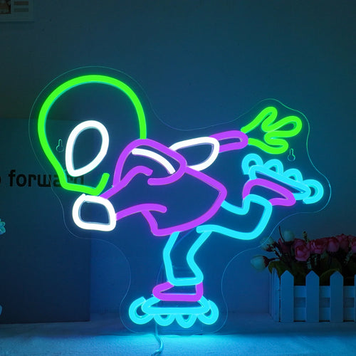 Ein lebendiges Alien-LED-Neonschild mit einer klassischen außerirdischen Kopfform und großen, ovalen Augen.