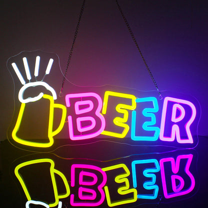 The image features a vibrant LED neon sign in the shape of a beer mug, glowing brightly against a dark background.