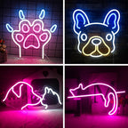 Ein leuchtendes LED-Neonschild in Form einer Hundepfote, das in einem hellen Farbton leuchtet.