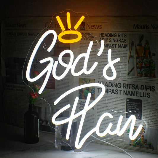 A vibrant LED neon sign displaying the phrase "God's Plan" in elegant cursive script.