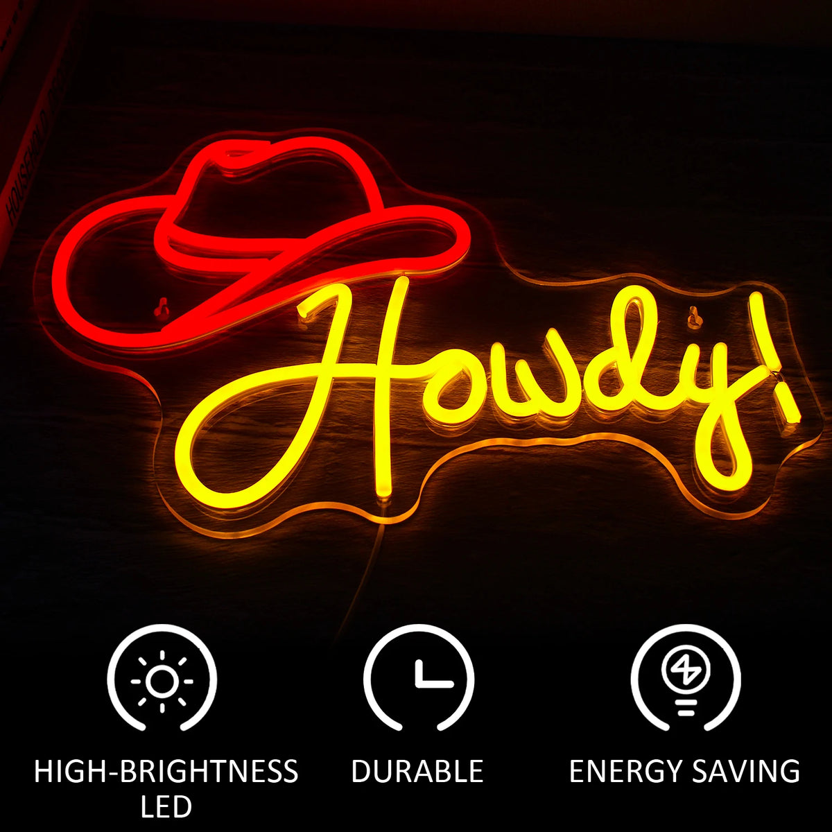 Howdy! – Cowboyhut – LED-Neonschild (5 V USB)