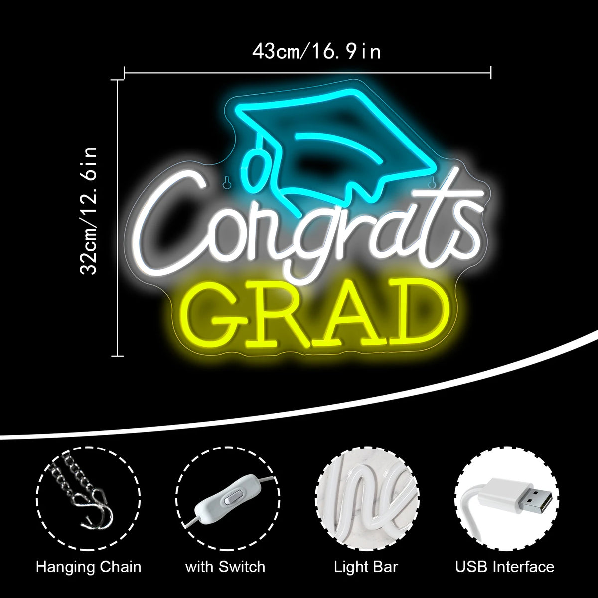 Congrats GRAD – Absolventenhut – LED-Neonschild (5 V USB)