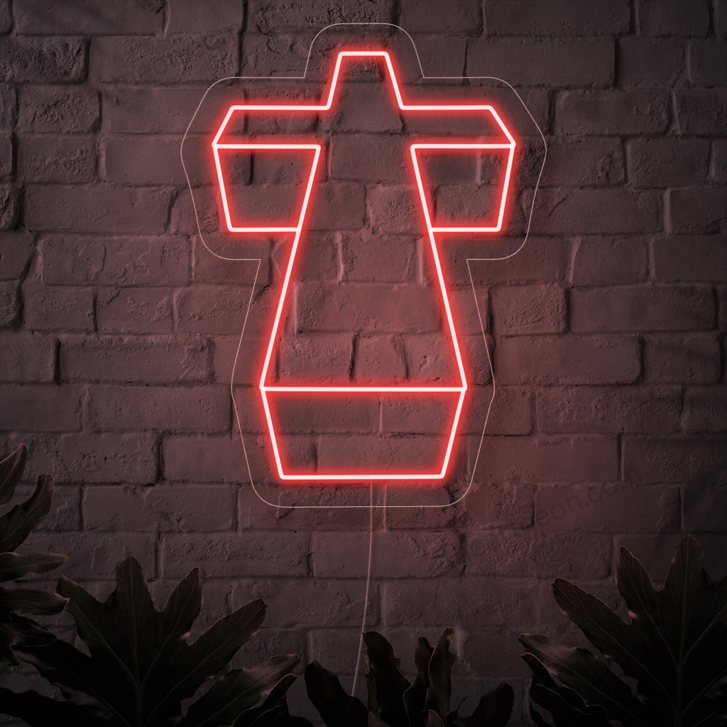 Ein beleuchtetes Neonschild mit einem heiligen Kreuz