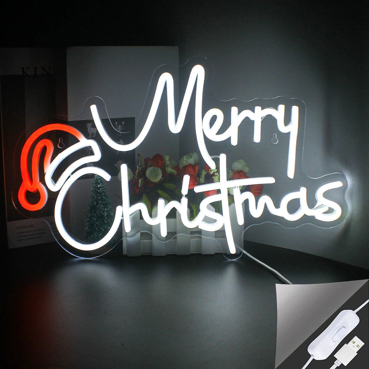Das Bild zeigt ein leuchtendes LED-Neonschild in Form einer festlichen Weihnachtsdekoration.